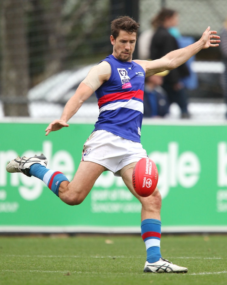 VFL 2016 Rd 02 - Richmond v Footscray MELBOURNE, AUSTRALIA - APRIL 16: Jordan Russell of the Footscray Bulldogs kicks the ball during the round two VFL match between the Richmond Tigers and the Footscray Bulldogs at Punt Road Oval on April 16, 2016 in Melbourne, Australia. (Photo by Jack Thomas/AFL Media/Getty Images)